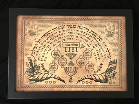 Kabbalah "Shabbat Protection" Amulet 21cm x 30cm Framed Print PARCHMENT- The 72 Names of God, Good Fortune, Bliss & Miracles